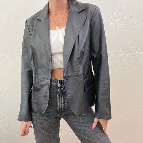 Vintage 1990's Black Leather Fitted Blazer Button Up Jacket - Picture 1 of 10